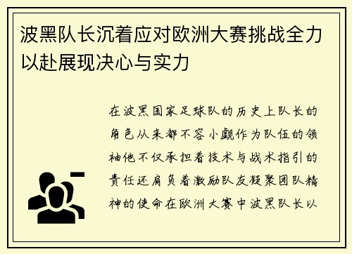 波黑队长沉着应对欧洲大赛挑战全力以赴展现决心与实力