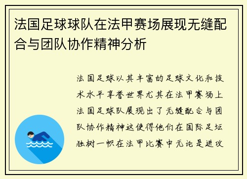 法国足球球队在法甲赛场展现无缝配合与团队协作精神分析 法国足球球队在法甲赛场展现无缝配合与团队协作精神分析